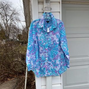 NWT Talbots Pretty Lavender White Blues Paisley Cotton Long Sleeve Blouse